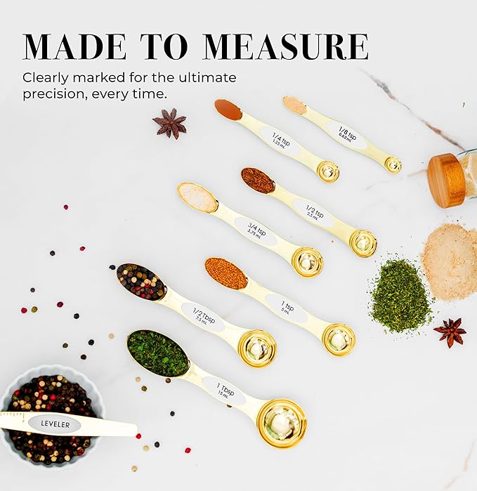 White and Gold Magnetic Measuring Spoons – Stainless Steel Double Sided Measuring Spoons for Cooking and Baking – Cute White and Gold Kitchen Accessories, Ideal for Gifting
