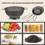 Norme 4 Quart Stainless Steel Black Colander and 3 Pcs Black Fine Mesh Strainer, Stainless Steel Pasta Rice Food Metal Strainer with Handles, Easy Clean and Dishwasher Safe