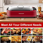 Indoor Smokeless Grill, Techwood 1500W Electric Indoor Grill with Tempered Glass Lid, Portable Non-stick Korean BBQ, Turbo Smoke Extractor Technology, Drip Tray& Double Removable Plate, Red