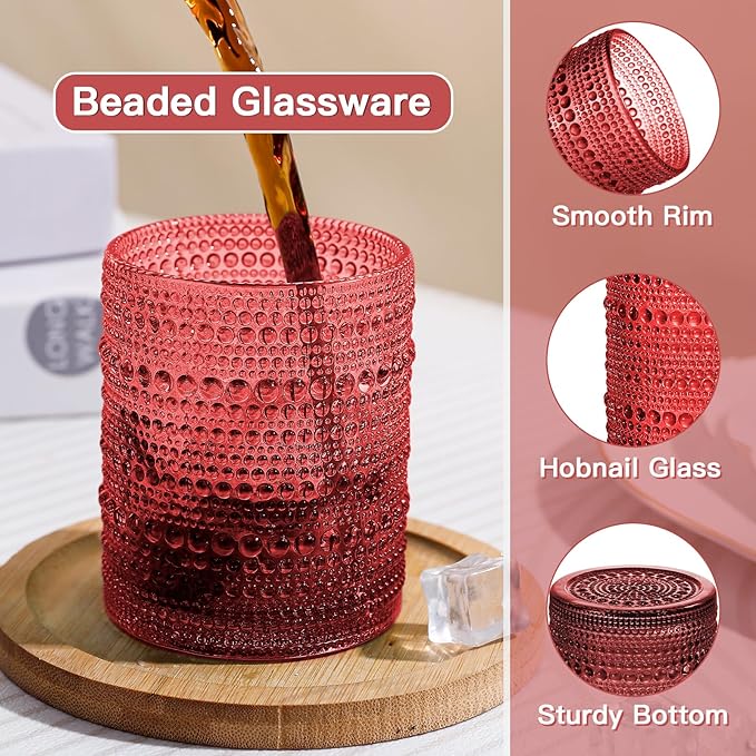 JOVGANK Red Vintage Hobnail Drinking Glasses Set of 6, Embossed Water Tumbler 12oz, Kitchen & Bar Beaded Glass Cups, Beverage Glass Cups for Water, Beer, Juice, Housewarming and Mother's Day Gift