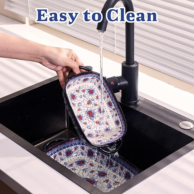 Ceramic Casserole Dishes for Oven, Hand-painted Polish Pottery Baking Dish Set of 2, 0.8QT / 2QT Porcelain Casserole Dishes with Handles, Baking Pan Lasagna Pan, Gift for Family/Friend (Blue)