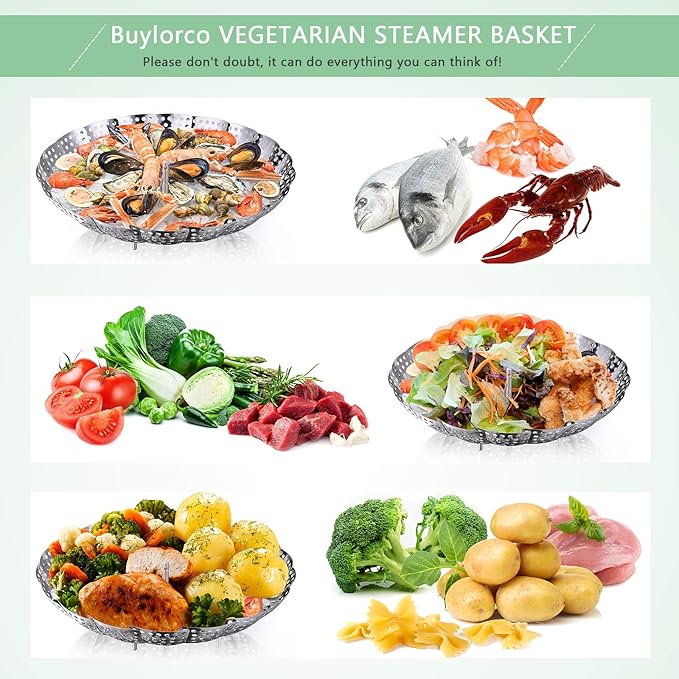 Buylorco Stainless Steel Folding Vegetable Steamer Insert Steamer Cookware for Veggie Seafood Cooking (Fit Pots 7" to 11")