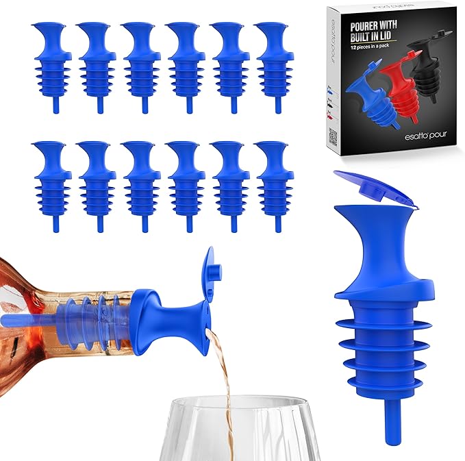 Esatto Pour and Seal, Pourer with Lid – Easy Pouring for Drinks like Spirits and Liquors, Lid for Healthy Practices Keeping Debris and Fruit Flies Away, Professional Bar Tool, Pack of 12 Pieces (Blue)