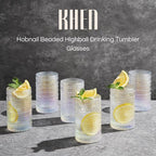 Hobnail Beaded Highball Drinking Tumbler Glasses | Set of 6 | Iridescent Pearl Vintage Bubble Design Glassware, Old-Fashioned, Embossed Design, Water, Wine, Cocktail Embossed Heavy Glass, Rocks Glass