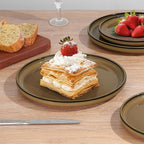 E-far Stoneware Dinnerware Sets for 8, 24 Pieces Reactive Glaze Plates and Bowls Sets, Elegant Dishes with Rustic Terracotta Clay Base, Dishwasher & Microwave Safe, Scratch Resistant, Desert Camel