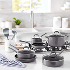 Amazon Basics Aluminum Cookware Set with Stay-Cool Handles, Dishwasher and Oven Safe, 12-Piece Pots, Pans and Utensils with Lids, Gray