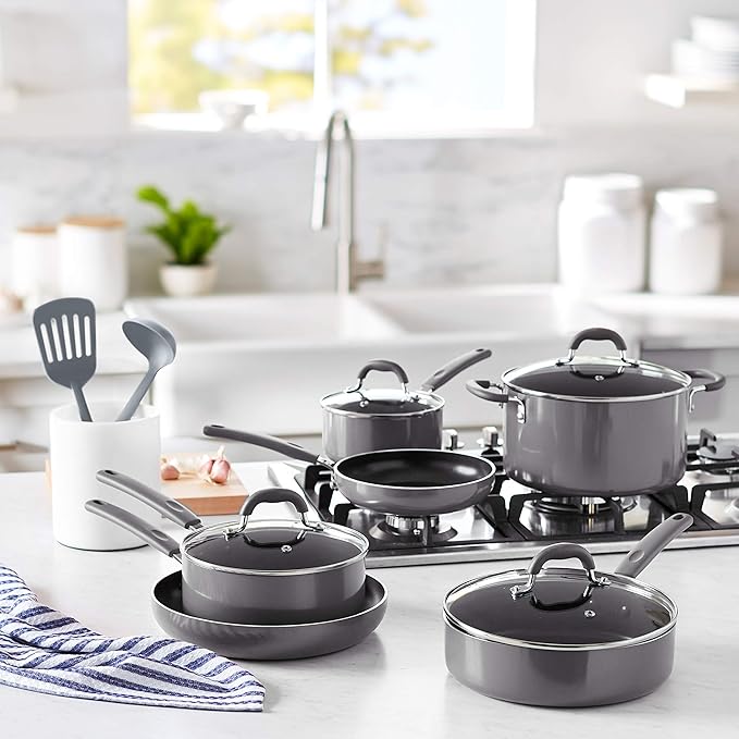 Amazon Basics Aluminum Cookware Set with Stay-Cool Handles, Dishwasher and Oven Safe, 12-Piece Pots, Pans and Utensils with Lids, Gray