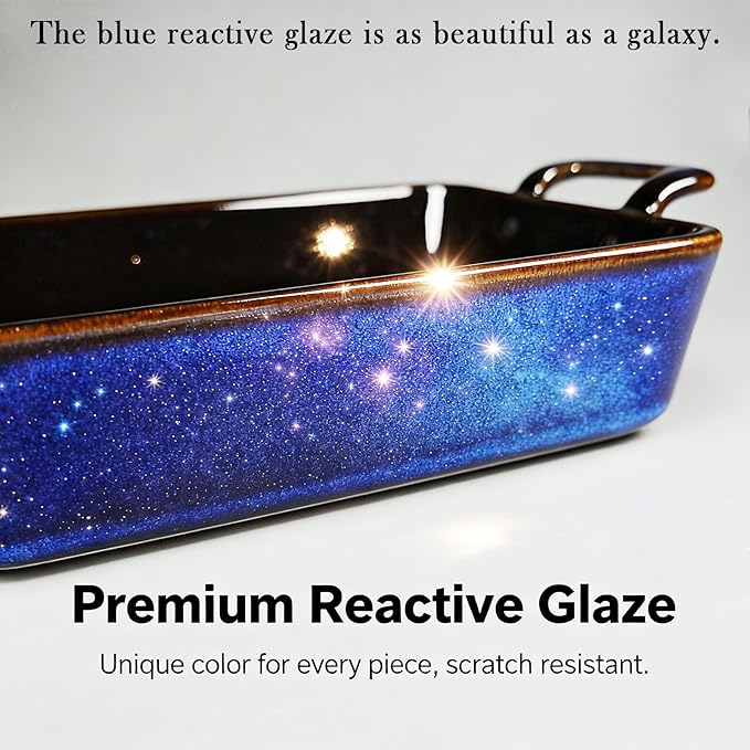 7 x 4 Au Gratin Baking Dishes for Oven Safe and Microwave Cooking and Baking, 2 piece, Heat Resistant Ceramic with Handles for Serving, Small Casserole Dish Set for 1 or 2 person servings, Blue