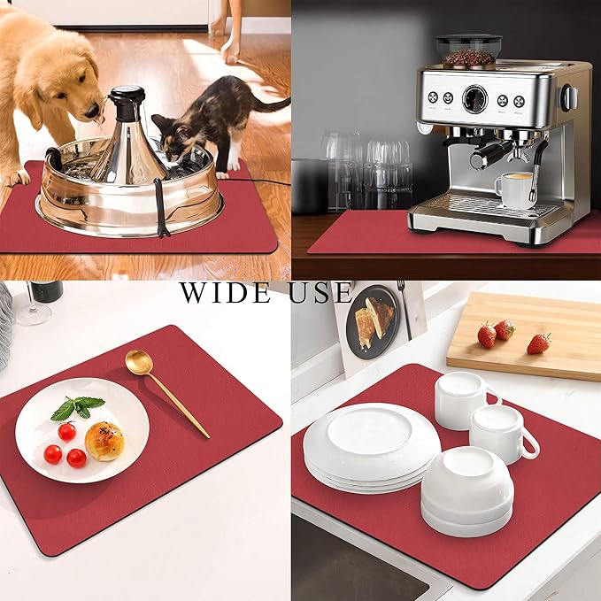 Coffee Mat for Countertops ,Coffee Bar Accessories Fit Under Coffee Maker Espresso Machine, Absorbent Hide Stain Rubber Mat for Countertop ,Dish Drying Mat for Kitchen Counter (Red, 12"x19")