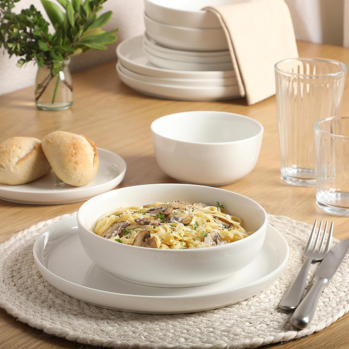 Gibson Home 16 Piece Ceramic Dinnerware Set for 4 – White Plates & Bowls