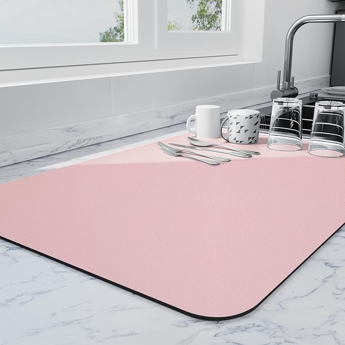 Ecotrim - Dish Drying Mat for Kitchen Counter | Coffee Bar Mat for Countertops | Heat Resistant Drainer Mat with Non-slip Rubber Backed | Hide Stain Kitchen Absorbent Draining Mat | Pink 16"x18"
