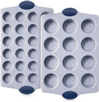 BRONYPRO 2-Pack 12 Cup and Mini 24 Cup Non Toxic Nonstick Ceramic Muffin Pan & Cupcake Tin, PFOA & PTFE Free, Heavy Duty Rust-Resistant Aluminized Steel, Oven Safe, Blue