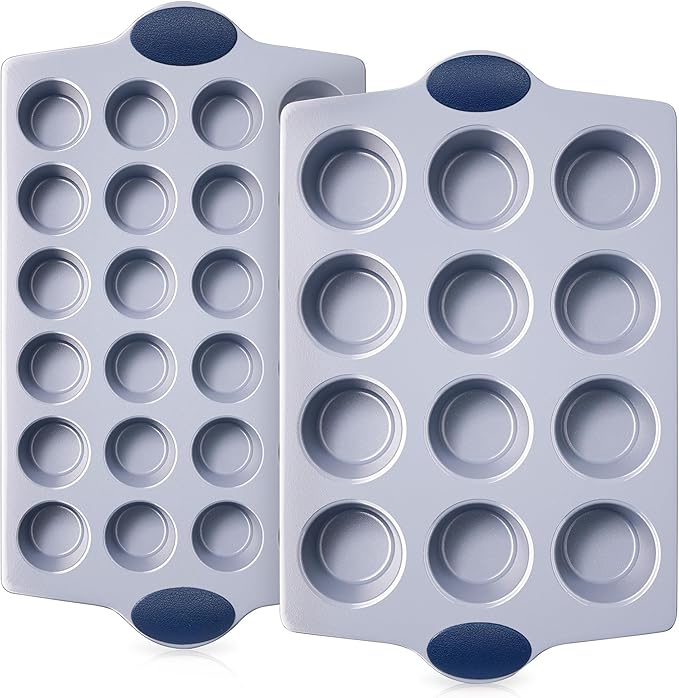 BRONYPRO 2-Pack 12 Cup and Mini 24 Cup Non Toxic Nonstick Ceramic Muffin Pan & Cupcake Tin, PFOA & PTFE Free, Heavy Duty Rust-Resistant Aluminized Steel, Oven Safe, Blue