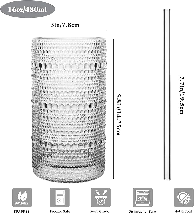 Dingerjar Upgraded Large Capacity 16 oz/480 ml Hobnail Glasses Drinking Set of 12 - Heavy Vintage Glassware