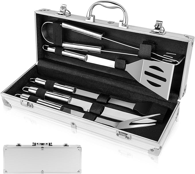 5-Piece BBQ Grill Accessories Set | Ultimate Grilling Tools for Men - Heavy Duty Stainless Steel BBQ Utensils Kit with Aluminum Case & Grill Brush for Dad (5pcs)