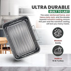 Roasting Pan With Rack 11" x 15" - Non Stick Large Roaster Pan and V-rack with foldable handles - Roasting Pans for Ovens to Elevate Food for Even Heating - Dishwasher Safe Turkey Roast Pot