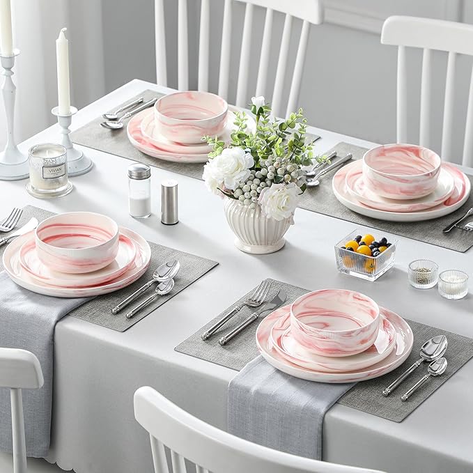 MALACASA Plates and Bowls Sets, 12 Pieces Porcelain Dinnerware Sets Dishware Sets Chip Resistant Ceramic Dish Set Dining Dinner Ware Service for 4, Marble Pink, Series LUNA