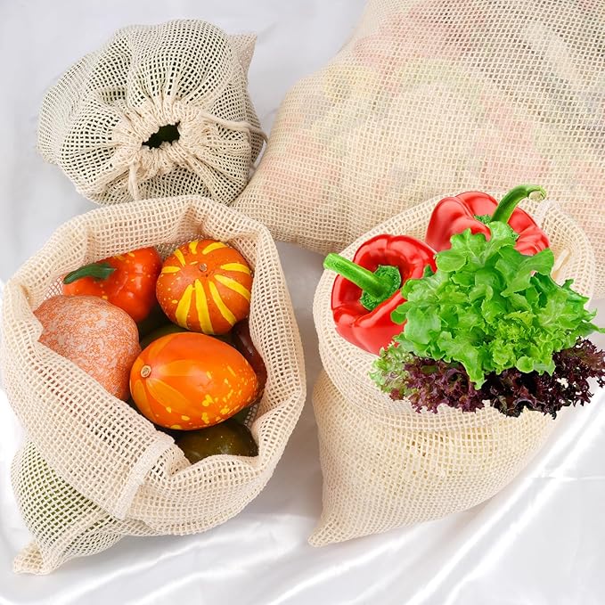 PEASUG 8 Pack Reusable Produce Bags Grocery Washable, Cotton Mesh Vegetable Bags for Refrigerator Grocery Fruits and Veggies Shopping, Transporting Storing (2XL,2L,2M,2S)