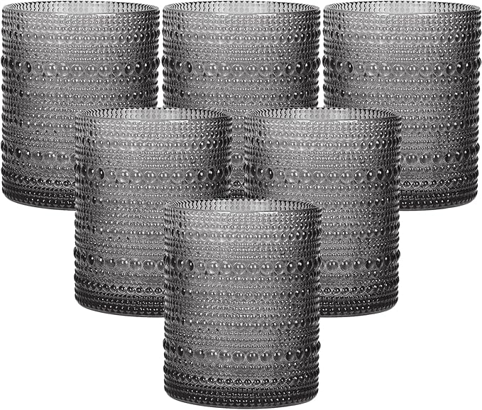 Moretoes Cocktail Glasses 10 oz Hobnail Drinking Glasses Set of 6, Vintage Glassware, Textured Glass Cups Bubble Glasses Water Glasses Old Fashion Jupiter Glasses Set (Gray)