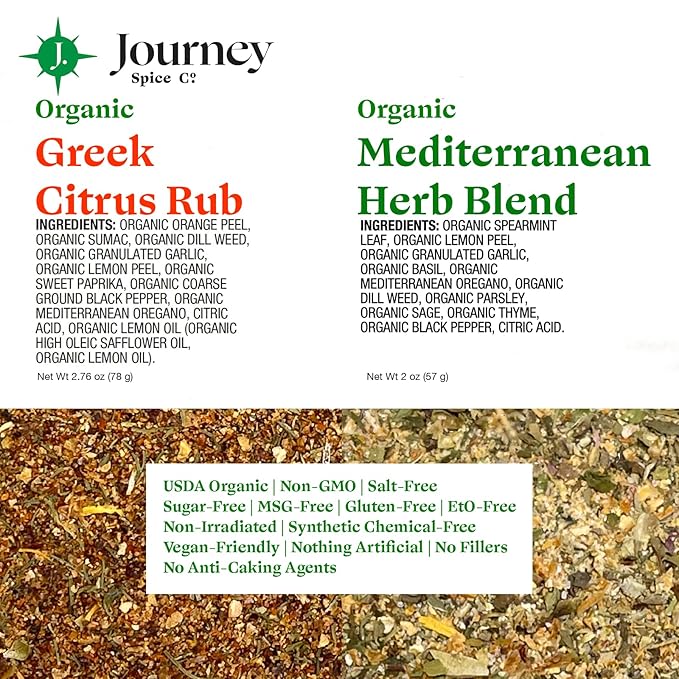 Gourmet Organic Greek Citrus Rub & Mediterranean Herb Blend Seasoning Gift Set by Journey Spice Co. | Salt-Free | No MSG | Greek Spice Seasoning | 4.76 oz. (total) | Resealable/Reusable Cap