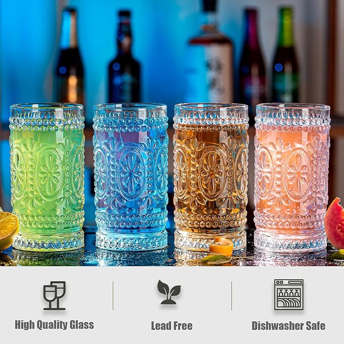 Vintage Drinking Glasses Set - 12 Pcs Romantic Highball Tumblers, 15oz Cups for Water, Mojito, Cocktail, Whiskey, Juice - Tall Glassware