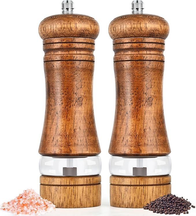 Salt and Pepper Grinder Set, Pepper Grinder，Salt Grinder，Pepper Mill，6 inch Refillable Grinder for Black Pepper，Wooden Salt and Pepper Shakers Set