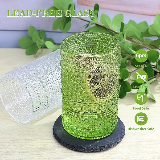 Hobnail-Drinking Glasses 13oz Vintage Glassware Sets Cocktail Juice Glasses Set of 6, Light Green