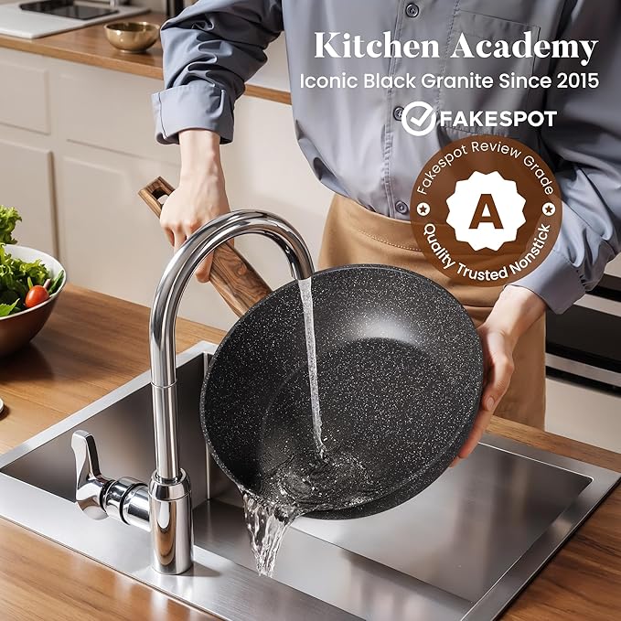 Kitchen Academy 17Pcs Induction Cookware Sets, Granite Pots and Pans Set Non Stick, Black Kitchen Cooking Pans, PFOA & PFOS Free
