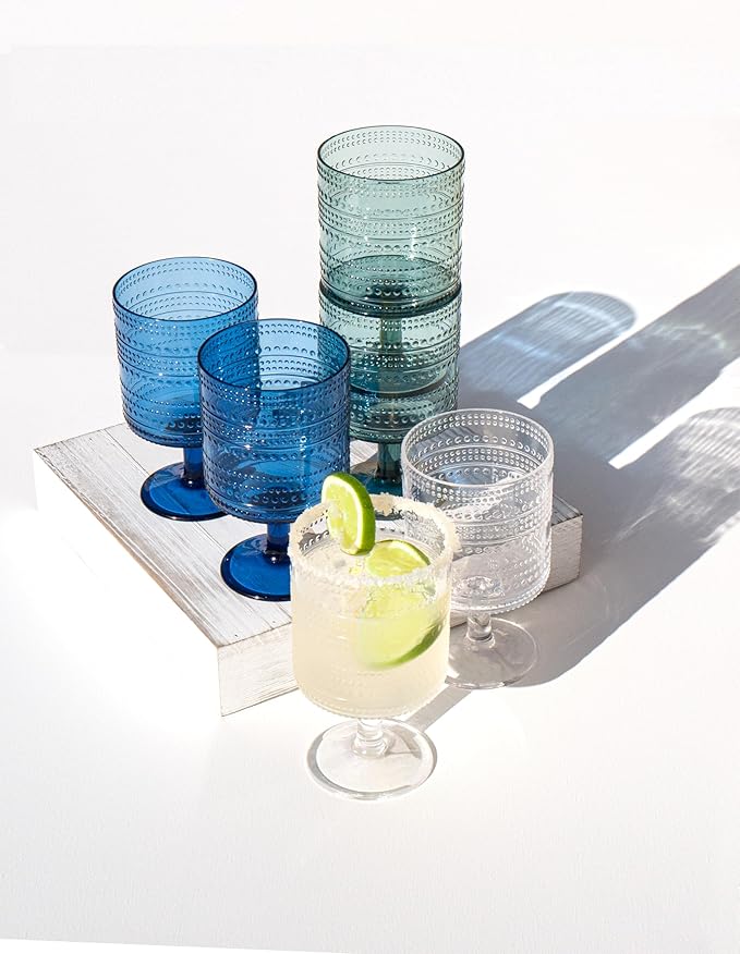 Beaded 14 oz Durable Acrylic Wine Glasses, Shatter-Resistant and Dishwasher-Safe Indoor/Outdoor Drinkware, Glass for Wine, Sangria, and Spritzers - Cobalt Blue - Set of 6