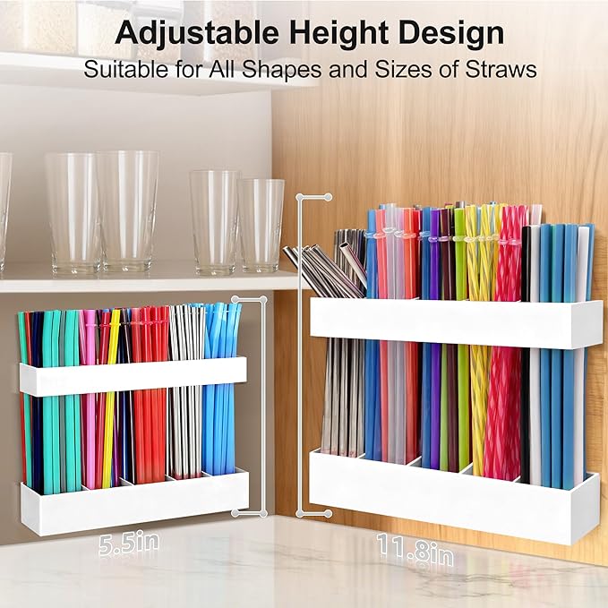 9.5” Large Acrylic Straw Holder for Cabinet Door, Reusable Adjustable Two-Part Straws Organizer with Ultra Sticky Adhesive Strips, 2026 Straw Storage for Kitchen Cupboard (White)