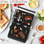 Panini Press,4 Slices Contact Grill with Removable Non-Stick Coated Grill and Flat Plates,Panini Makers with Temperature Control and Timer,Open 180 Degrees,Grill and Griddle (Half black with sus)