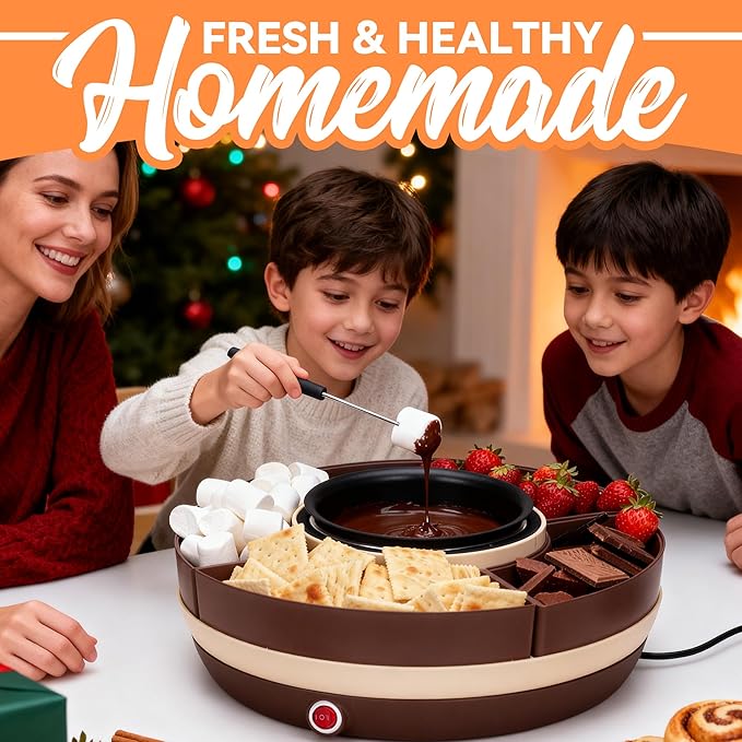 Cheese & Chocolate Fondue Machine, Candy Melting Pot for Party, Electric Fondue Pot Set, Chocolate Warmer, Hot Chocolate Maker, 4-Section Food Tray, Brown