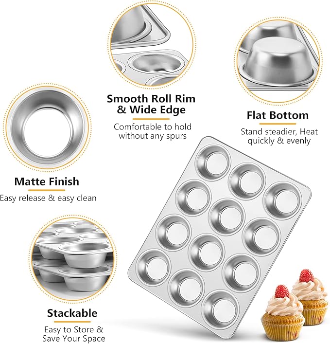 TeamFar 12-Cup Muffin Pan, Stainless Steel Muffin Tin Metal Cupcake Baking Pan for Oven, Regular Size & Non Toxic, Easy Clean & Dishwasher Safe