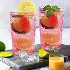 Loivttvv 6pcs Vintage Drinking Glasses Set, 12 oz Pink Highball Glasses, Embossed Ribbed Glassware Cups for Cocktail, Water, Juice, Coffee, Whiskey