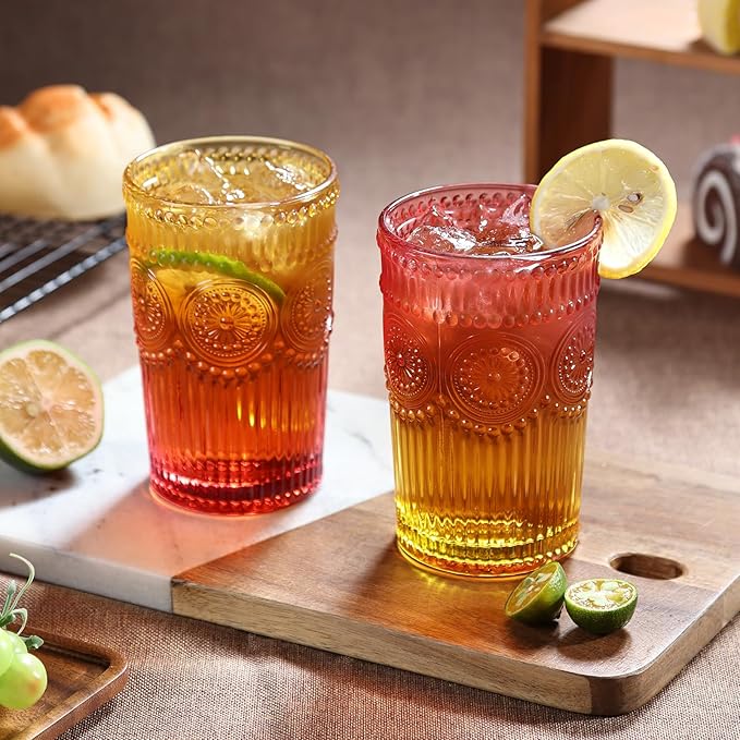 Loivttvv 6pcs Vintage Drinking Glasses Set, 12 oz Glass Cups, Embossed Ribbed Christmas Glassware Water Tumblers for Cocktail, Water, Juice, Milk, Whiskey