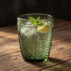Vintage Green Drinking Glasses Set of 4, 10 oz Handcrafted Deep Textured Glass Cups, Fern Embossed Retro Glassware, Decorative Cocktail Tumblers for Home & Bar, Artisan Made Colored Drinkware Gift Set