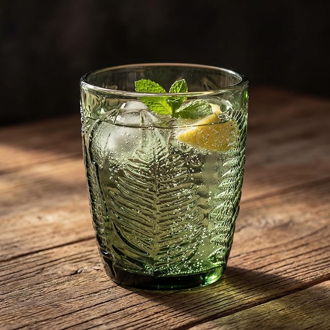 Vintage Green Drinking Glasses Set of 8 - 10 oz Hand-Pressed Deep Textured Glass Cups, Fern Embossed Retro Vintage Glassware, Decorative Cocktail Tumblers for Home & Bar, Colored Drinkware Gift Set