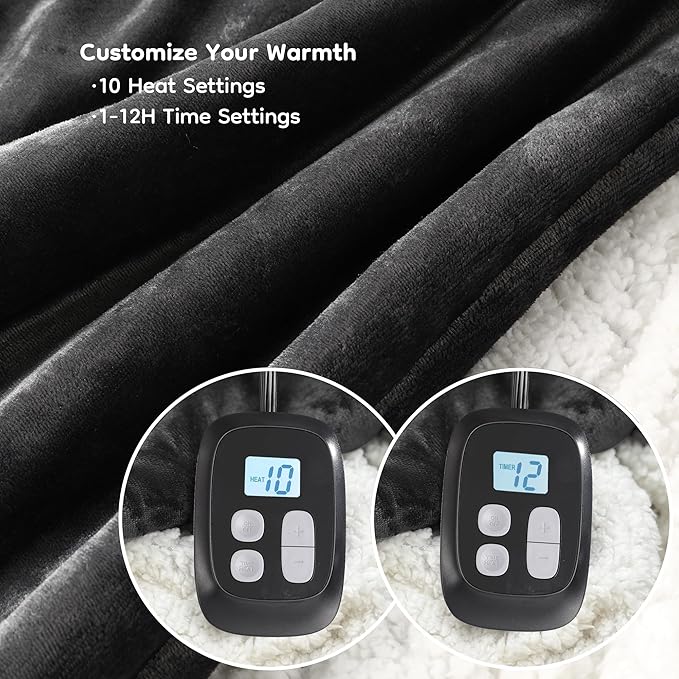 Electric Heated Blanket Queen Size - 84"x90", Soft Flannel Heating Blanket, 10 Heating Levels, 1-12 H Auto Shut Off, Dual Controllers, Breathable Warm and Washable for Bed, Dark Grey