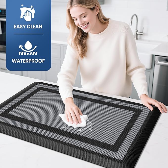 KitchenClouds [2 PCS] Kitchen Rugs Cushioned Anti-Fatigue Kitchen Mats for Floor Waterproof Kitchen Rug Set Non-Slip Comfort Standing Mat for Office, Sink, Laundry 20"×30"+20"×60",Black