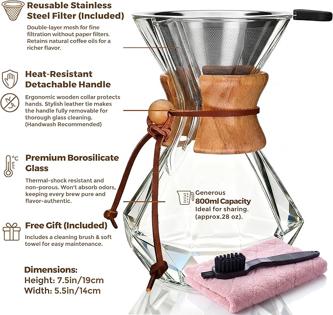AGOGO Pour Over Coffee Maker Glass - Barista Kit with 304 Stainless Filter for Home, Office, Camping, Cafes - Easy Clean Coffee Dripper Set (Soft Towel&Brush) (28oz Diamond Design w/SS Filter)