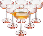 Khen Shatterproof Acrylic Ribbed Vintage Art Deco Martini, Champagne & Cocktail Pink Peach Tint Color Plastic Coupe Glasses | Set of 6 | 8oz Ripple Glassware Cocktail Indoor & Outdoor European Style