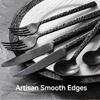 KINGSTONE 48 Pcs Black Hammered Silverware Set with Steak Knives for 8, 18/10 Stainless Steel Heavy Duty Flatware Set, Tableware Cutlery Utensil Sets for Home Restaurant Dishwasher Safe