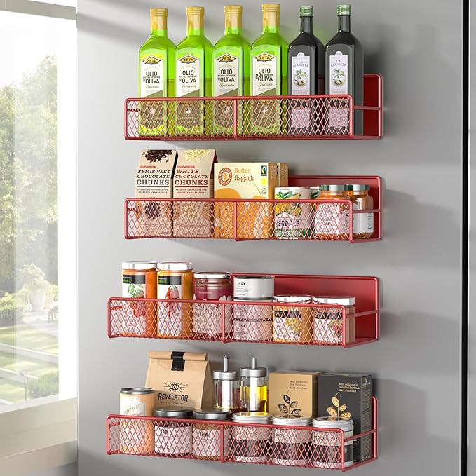 DTUQYX Magnetic Spice Rack for Refrigerator, 4 Pack 100% Metal Strong Magnet Fridge Shelves, Space Saving Spice Organizer, No Drilling Moveable Home Kitchen Laundry Room Storage Organization, Red