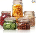 Multi Size - 5 Pack Square Glass Jars with Airtight Lid, Wide Mouth Mason Jars with Clamp Lids, Air Tight Glass Canisters, Best Food Storage Containers for Cereal, Pasta, Rice, Sugar, Coffee, Spice
