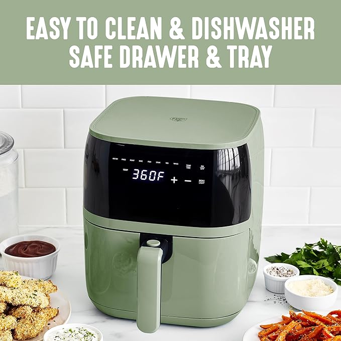 GreenLife Compact Electric Air Fryer Oven, 5.3 QT, PFAS-Free Ceramic Nonstick Drawer, 8 One Touch Digital Display, Easy View Window, Auto Shut-Off Timer, Dishwasher Safe Parts, 1500 Watts, Sage