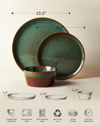 Pokini Plates and Bowls Sets for 8, Ceramic Dinnerware Sets, Kitchen Dish Set, Microwave & Dishwasher Safe Dishware, Highly Durable Handcrafted Dinner Set, Brown Green