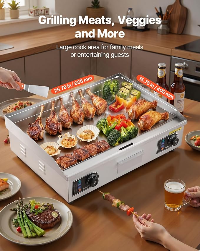 VEVOR Commercial Electric Griddle, 25.79 x 15.75 inch, 2800W, 122-570°F Adjustable Temp Control, Stainless Steel Body, Full Flat, with 2 Spatulas, 2 Brushes, and 4 Foot Pads, for Steak, Pancake