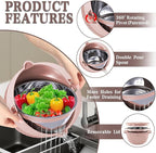 4-1 Strainer Bowl with Lid Set - Strainers and Colanders, Colander for Kitchen, Pasta Strainer, Fruit Cleaner, Veggie Wash, Funny Kitchen Present, Fruit Washing Bowl, Cooking Present for Women - Pink
