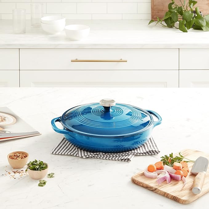 Lodge Essential Enamel Braiser - Refrigerator- & Oven-Safe up to 500° F - Heat-Retaining, Induction-Safe & PFAS-Free Enamel Cookware - 3.5 Quart, Cornflower Blue