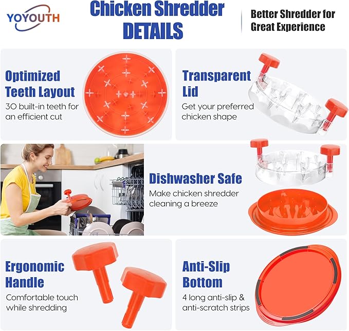 Chicken Shredder Tool Twist: 2026 Pro Food-Grade Visible Meat Shredder with Strong Anti-Slip Base, Ergonomic Handle, Chicken Breast Shredder, Suitable for Pork Beef Chicken (Orange)